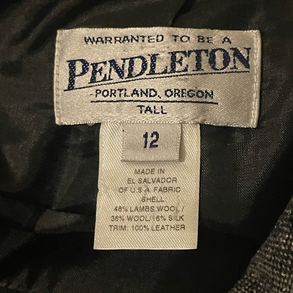 Pendleton Gray Wool Silk Blend Tweed Black Leather Trim Blazer Size 12 Tall - Picture 3 of 10